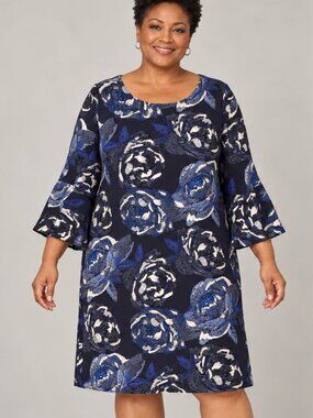 Sandra Darren Navy Blue Floral Bell Sleeve Shift Dress 2X